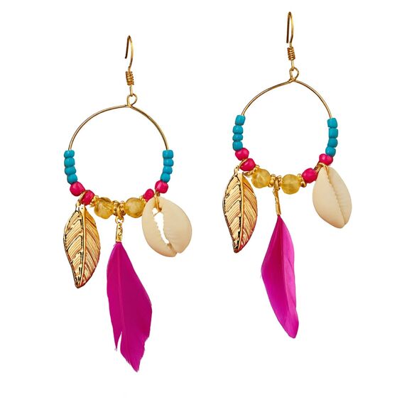 Boho Shell Feather Earrings Gold Hoop Beaded Statement Jewelry Pink Turquoise - Picture 1 of 2